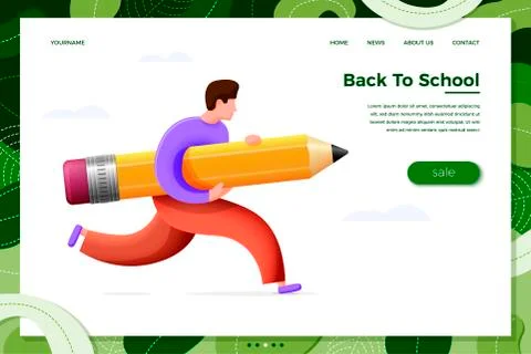 Vector back to school - cartoon running boy with big pencil, isolated on white Stock Illustration