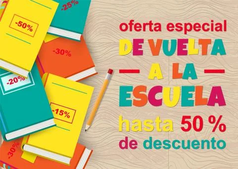 Vector Back to School Sale poster in Spanish language on wood texture. Stock Illustration