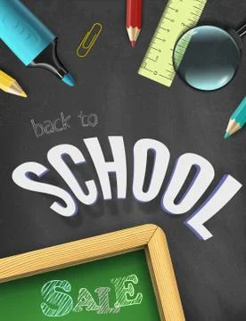 Vector Back to School Sale title words with realistic Colored School Items on a Stock Illustration