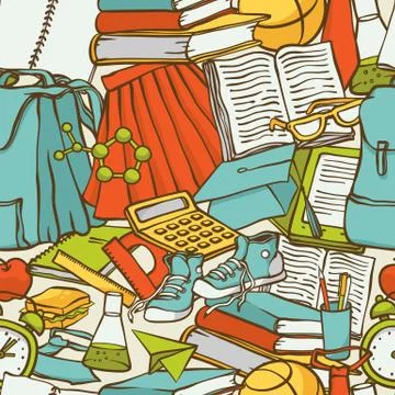 Vector back to school seamless pattern clothes stationery. Background cartoon Stock Illustration
