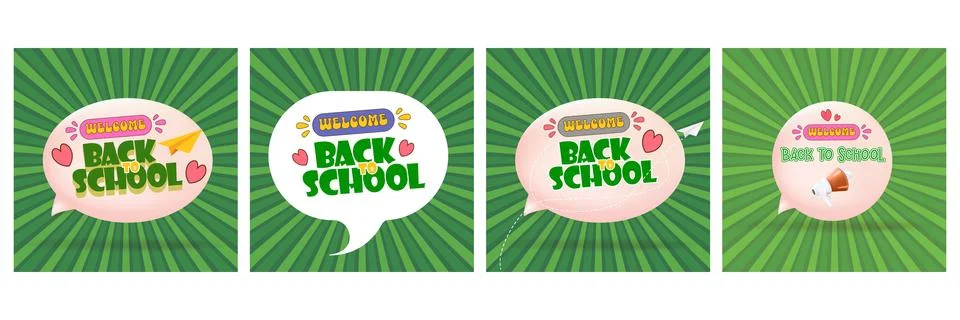 Vector Back to school square poster set with 3d speech bubble, groovy typography Stock Illustration