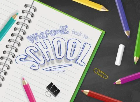 Vector back to school top view design of hand drawn text on opened notebook Stock Illustration