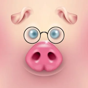 Vector background with 3d funny cartoon pig face with glasses closeup. Cute farm Stock Illustration