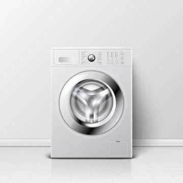 Vector Background with 3d Realistic Modern White Steel Washing Machine Closeup Stock Illustration