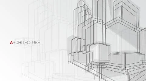 Vector Background With Abstract Architectural Sketch Of Buildings, Panorama Ilustración de archivo