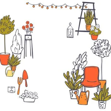 Vector background with armchair and potted flowers. Sketch  illustration. Stock Illustration