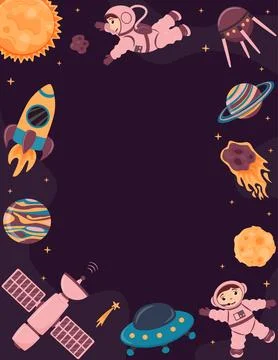 Vector background with astronauts, planets, spacecraft, rocket, satellite, .. Illustrazione stock