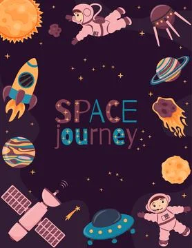 Vector background with astronauts, planets, spacecraft, rocket, satellite, .. Illustrazione stock