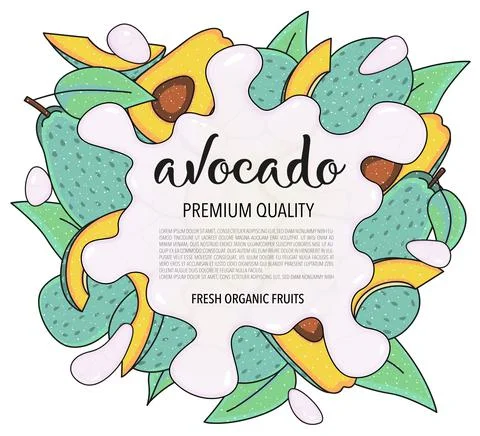 Vector background with avocado, whole and pieces - Splash of water or milk Stock Illustration