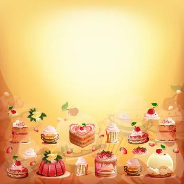 Vector background with bakery pastry desserts, berries, cream and place for t Illustrazione stock