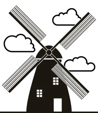 Vector background of black and white windmill and clouds Stock Illustration