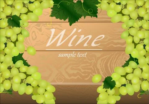 Vector background with bunches of green grapes on a wooden table Stock Illustration