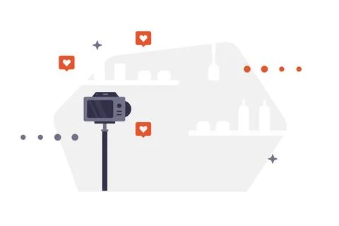 Vector background with camera, shelves, bottles and red heart icons Stock Illustration