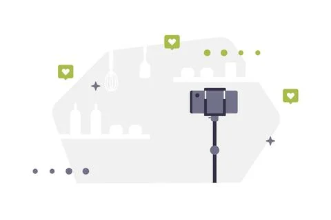 Vector background with camera, shelves, bottles and green heart icons Stock Illustration