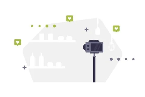 Vector background with camera, shelves, bottles and green heart icons. Illustrazione stock