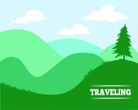 Vector Background  Cantoon  Green Hills  with text Traveling - for animation Stock Illustration
