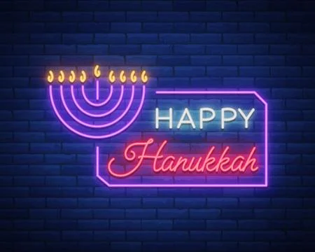 Vector background of Chanukah with menorah and star of David. Neon sign Happy Stock Illustration