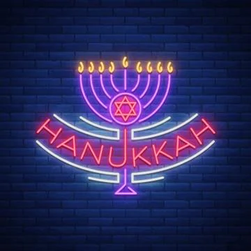 Vector background of Chanukah with menorah and star of David. Neon sign Happy Stock Illustration