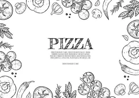 Vector background with cheese, tomato, pepper, thyme, basil, garlic, mushrooms Stock Illustration