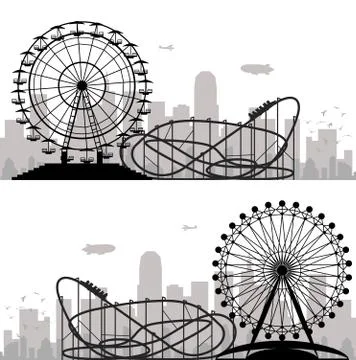 Vector background of a city and amusement park with ferris wheel and roller-c Stock Illustration