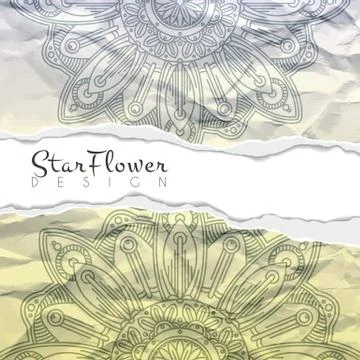 Vector background of crumpled torn paper with floral circular pattern. Mandala Stock Illustration