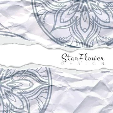 Vector background of crumpled torn paper with floral circular pattern. Mandala Illustrazione stock