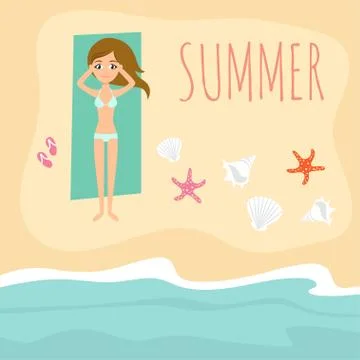 Vector background with cute beautiful young girl resting on the beach. Seashe Stock Illustration