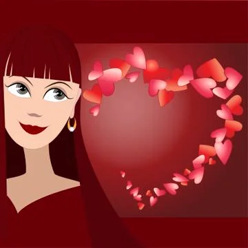 Vector background with cute face of girl and many hearts in shape of heart Stock Illustration