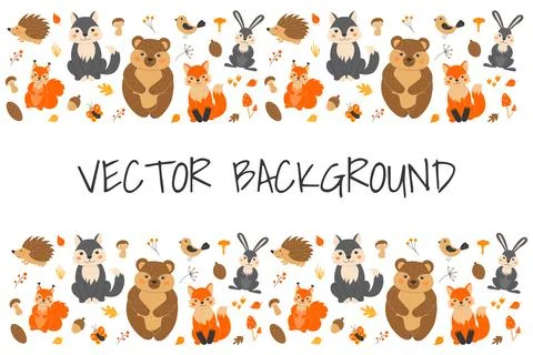 Vector background with cute forest animals in cartoon style. Squirrel, fox,.. Stock Illustration
