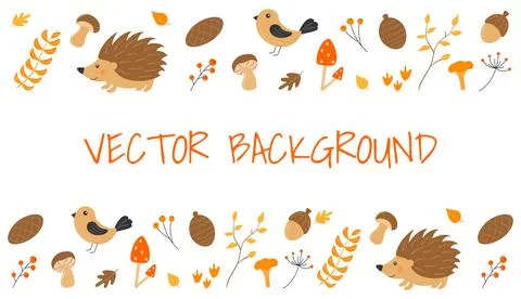 Vector background with cute hedgehog, bird, cone, acorn, twigs with berries.. Stock-Illustration