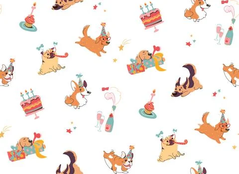 Vector background with dogs and cakes. Corgi puppies, pug, English bulldog Stock Illustration