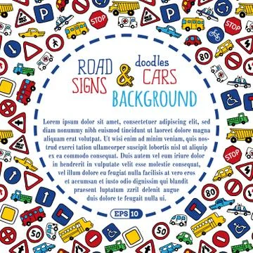 Vector background of doodles road signs and cars. Stock Illustration