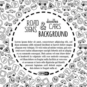 Vector background of doodles road signs and cars. Stock Illustration