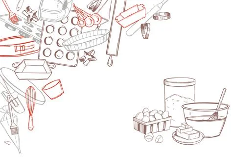 Vector background with dough ingredients and bakery utensils. Stock Illustration