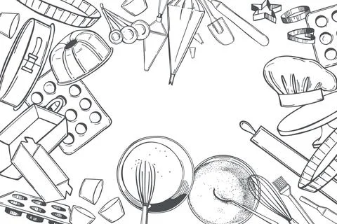 Vector background with dough ingredients and bakery utensils. 스톡 일러스트