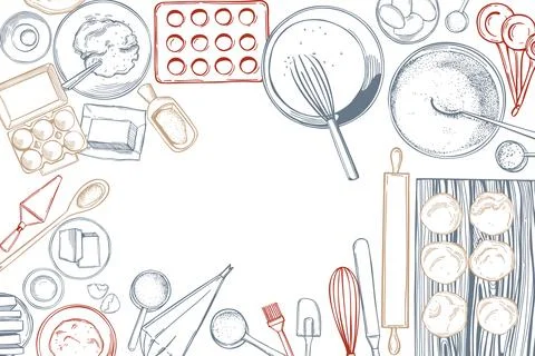 Vector background with dough ingredients and bakery utensils. Stock Illustration
