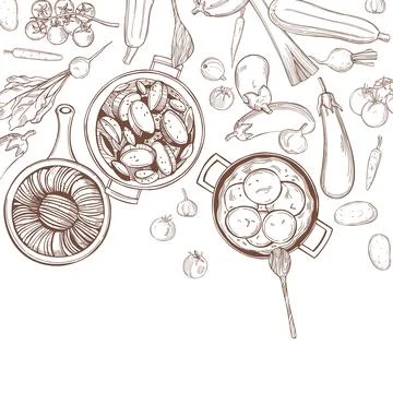 Vector background with eggplant dishes. Stock Illustration