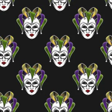 Vector background with engraving Mardi Gras or Shrove Tuesday carnival mask or Stock Illustration