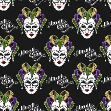 Vector background with engraving Mardi Gras or Shrove Tuesday carnival mask or Stock Illustration