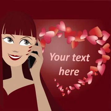 Vector background with face of girl speaking by phone and many hearts in shap Stock Illustration
