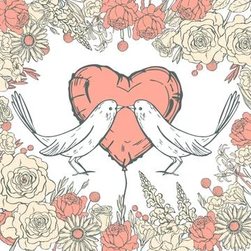 Vector  background with flowers and birds. Stock Illustration