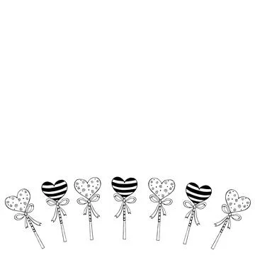 Vector background, frame, border from lollipops in shape of heart with bow on Stock Illustration