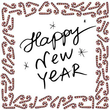 Vector background, frame, border from red candy cane. Happy New Year letterin 库存插图
