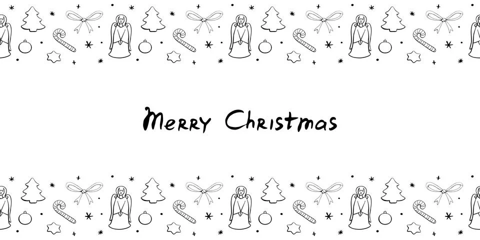 Vector background, frame, border of xmas trees, singing angels, candy canes,  Stock Illustration