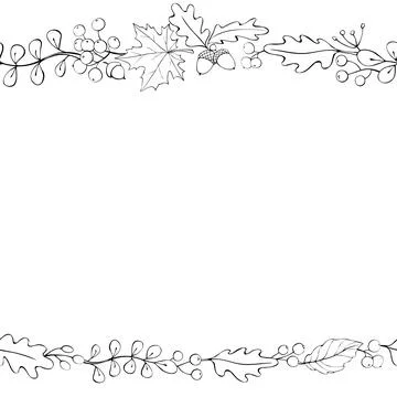 Vector background, frame made of outline autumn leaves, berries, acorns on ed Illustrazione stock
