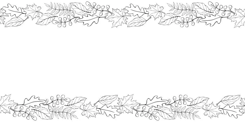 Vector background, frame made of outline autumn leaves on edges. Horizontal t Stock Illustration