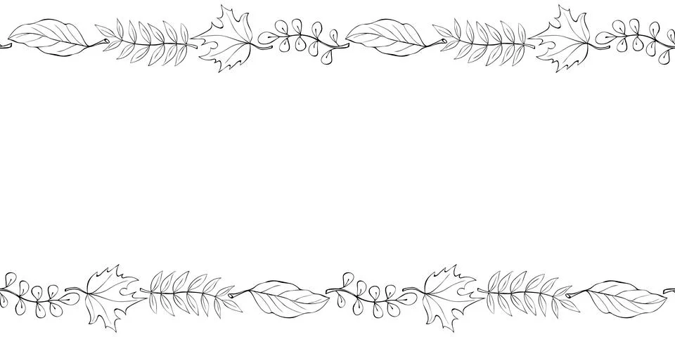 Vector background, frame made of outline autumn leaves on edges. Horizontal t Stock Illustration