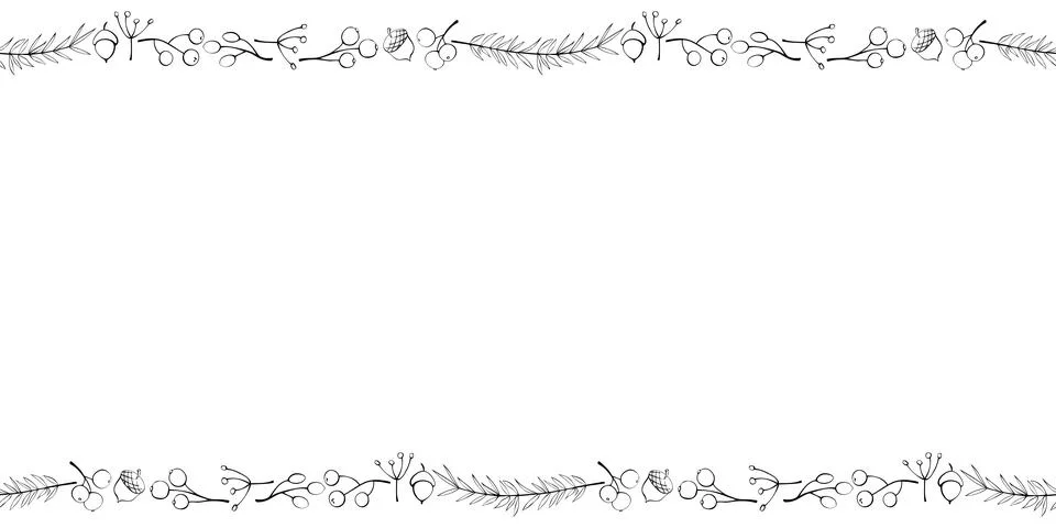Vector background, frame made of outline twigs, berries, acorns on edges. Hor Stock Illustration