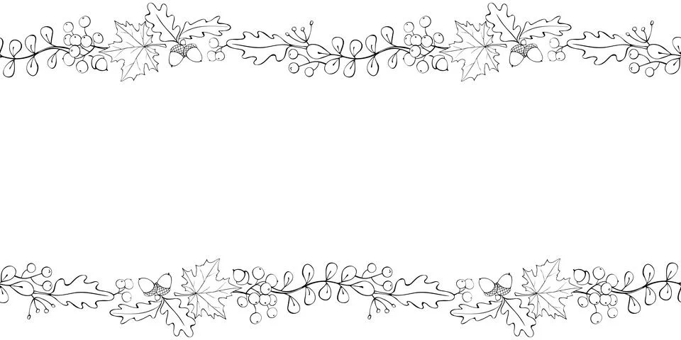 Vector background, frame made of outline autumn leaves, berries, acorns on ed Stock Illustration