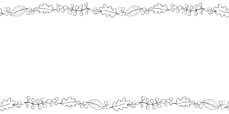 Vector background, frame made of outline autumn leaves, berries on edges. Hor Stock Illustration